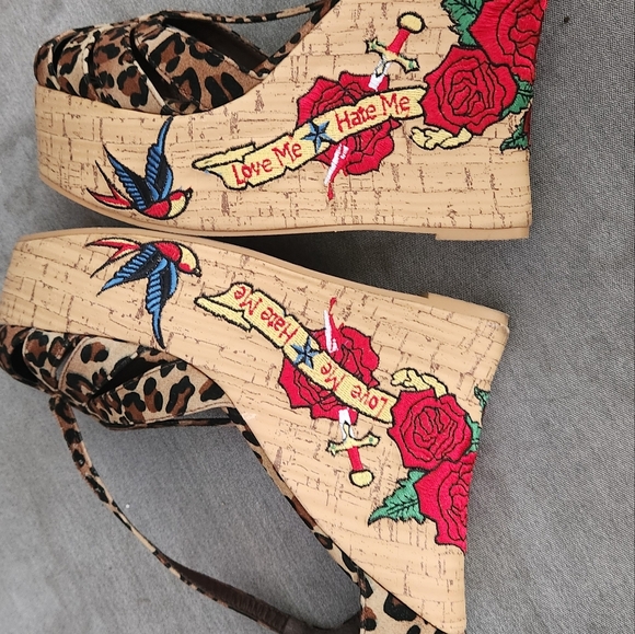 Ellie Leopard Print Wedges with Red Floral Embroidery - Picture 2 of 6